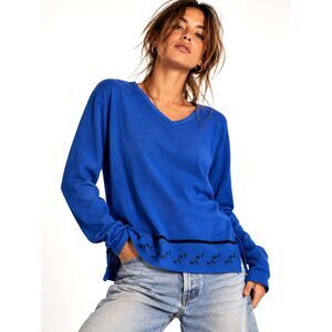 Vintage 90s Agenda Blue V Neck Sweater Floral Embroidered Hem Made USA M
